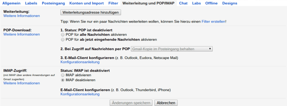 Gmail: Einstellungen für POP3 & IMAP