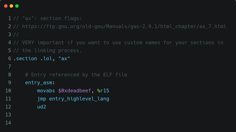 Assembly Code Snippet: Use section flags if you need custom section names