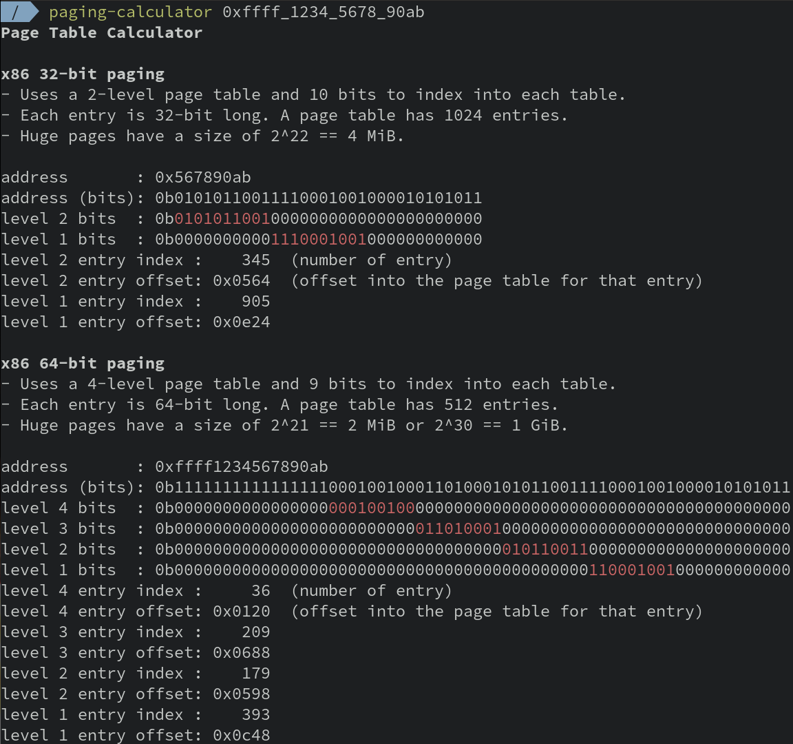 Screenshot of the `paging-calculator` CLI utility