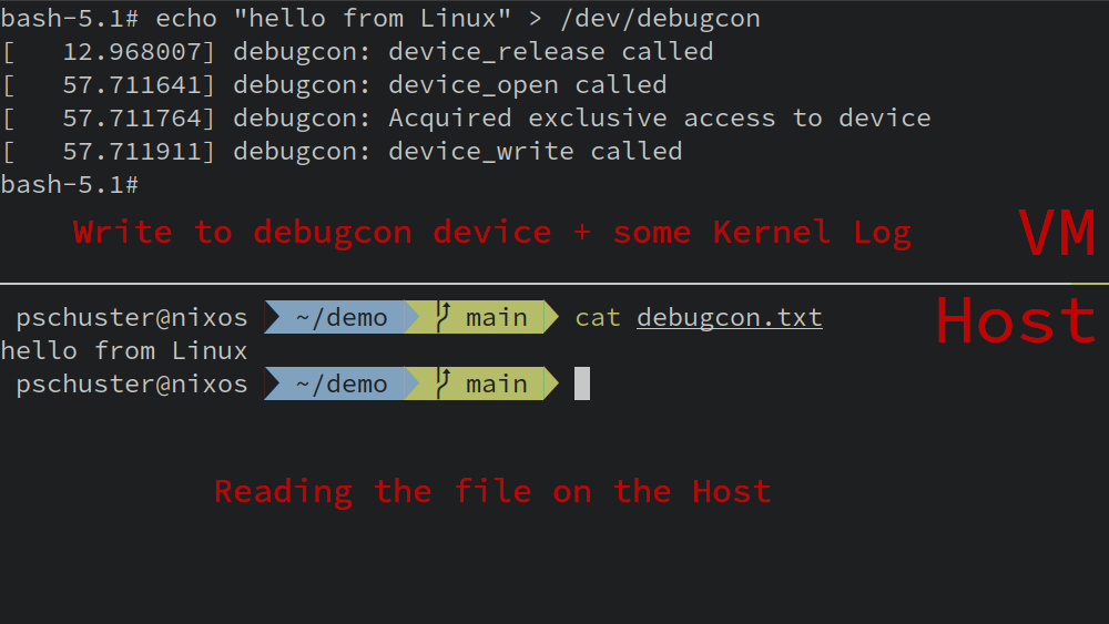 Terminal Screenshot: Running a Linux VM with the debugcon driver in QEMU.