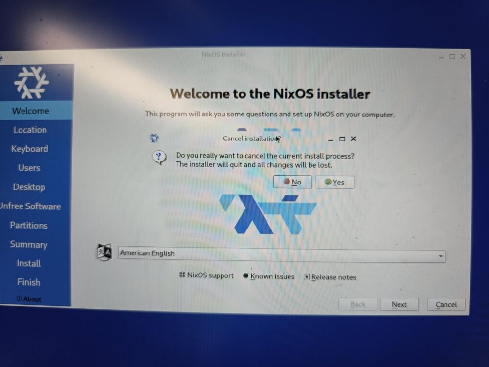 NixOS GNOME Installer: Cancel Installation, Enter Live Linux