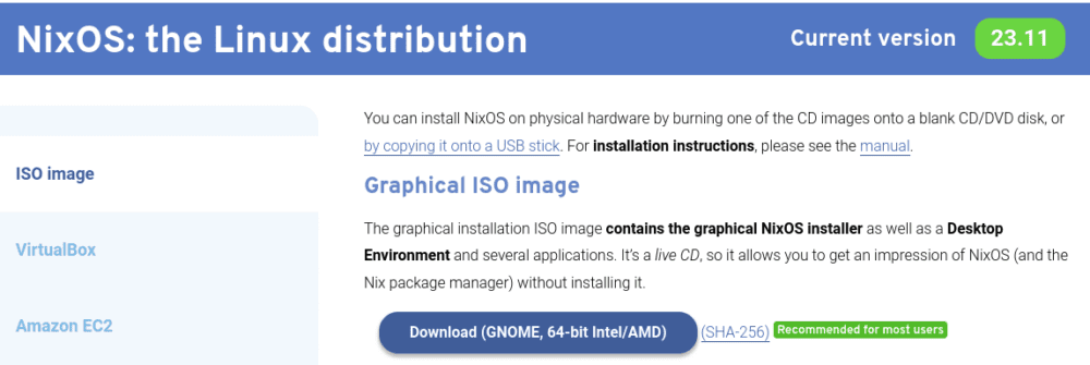 Screenshot: Download NixOS Website