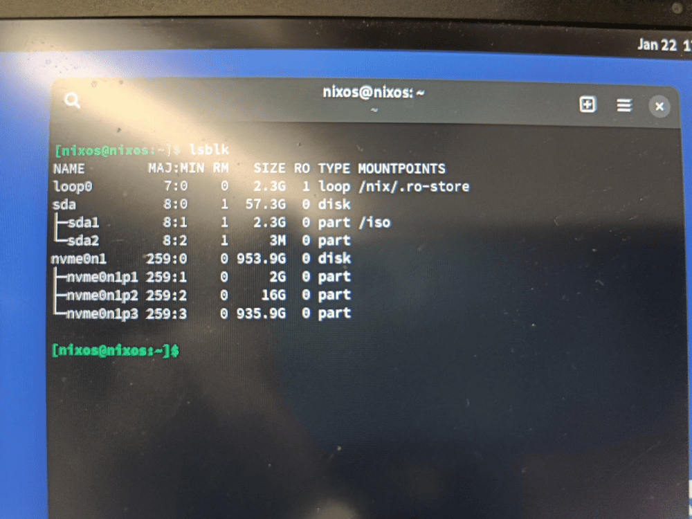 Live Linux: lsblk output From the Live Linux, you can now access and modify all your drives/partitions. In this case, /dev/nvme0n1p3 is the root partition of the installed Linux system.