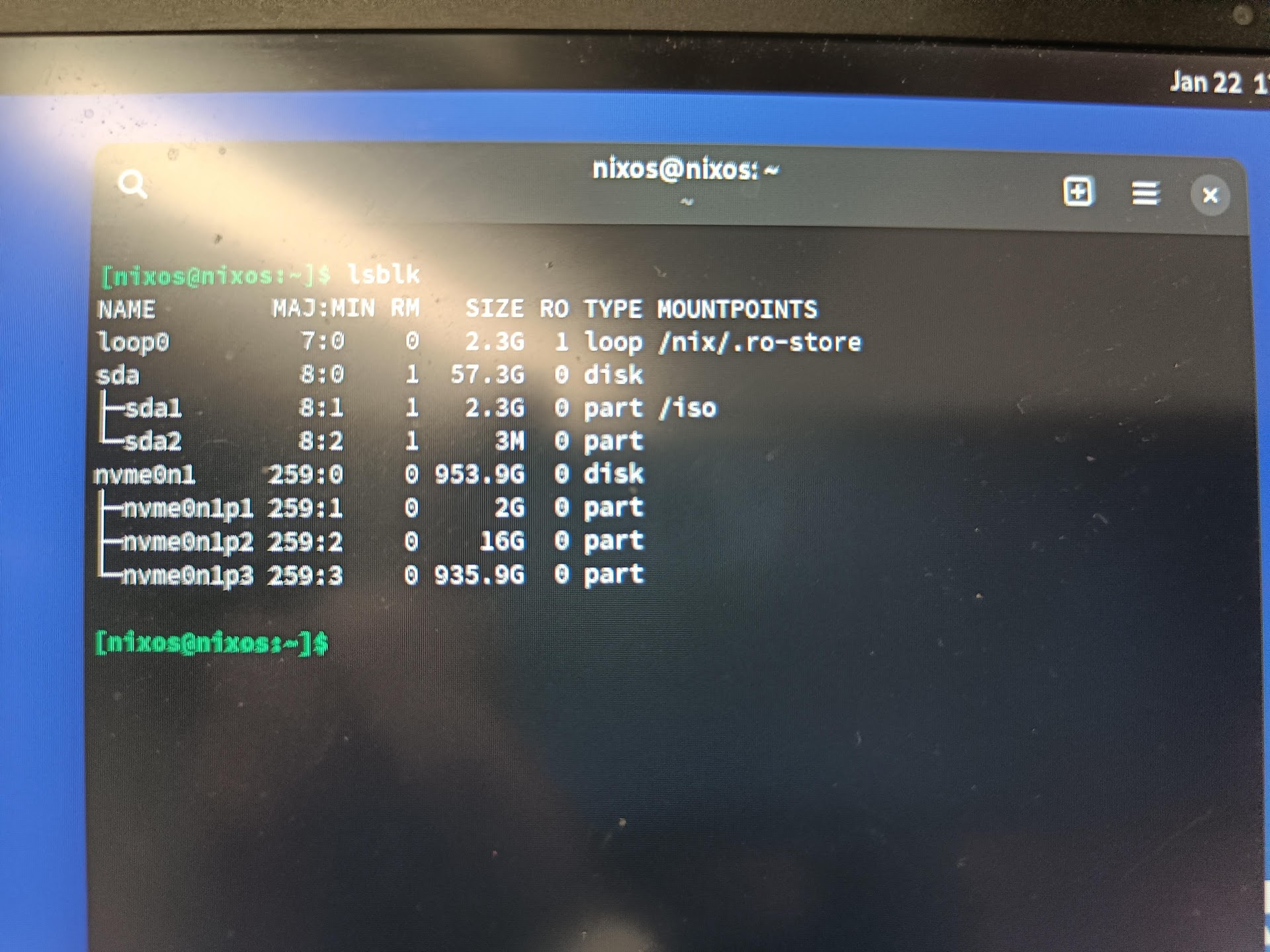 Live Linux: lsblk output From the Live Linux, you can now access and modify all your drives/partitions. In this case, /dev/nvme0n1p3 is the root partition of the installed Linux system.