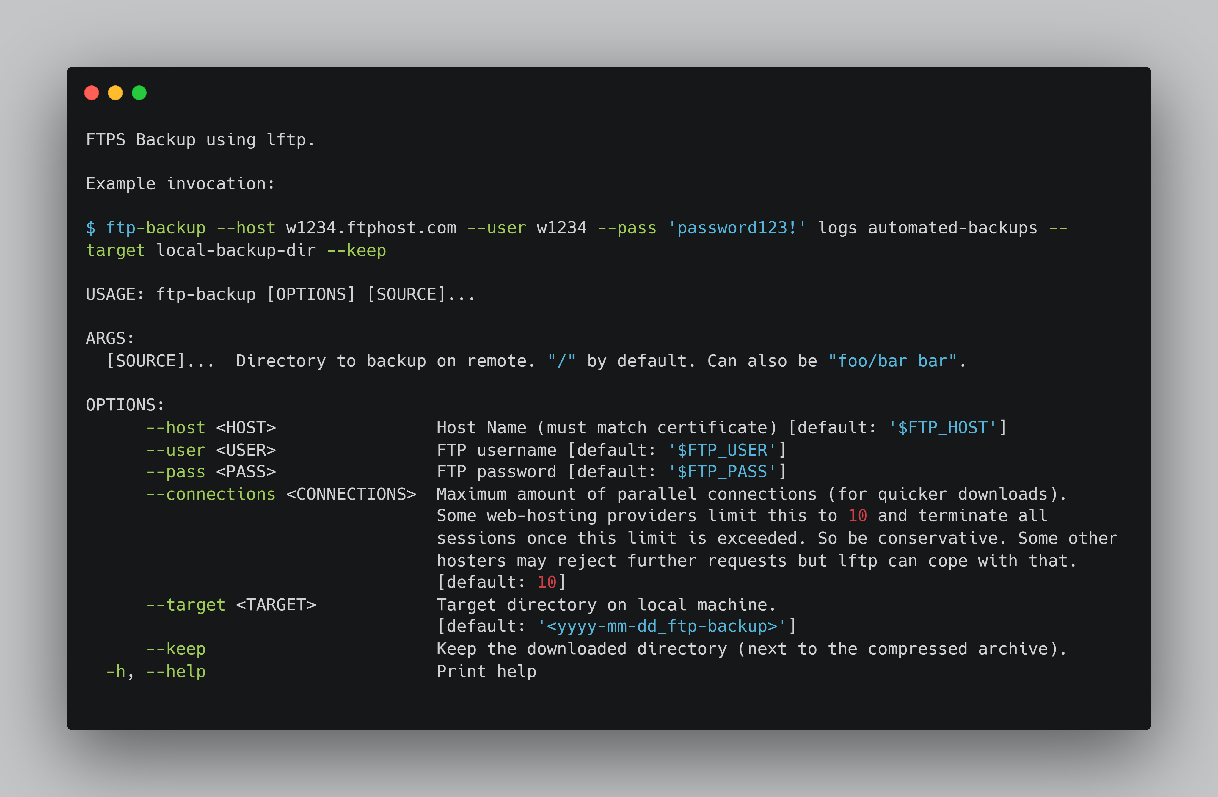 Output of "--help" of my "ftp-backup" shell wrapper for "lftp" (screenshot).